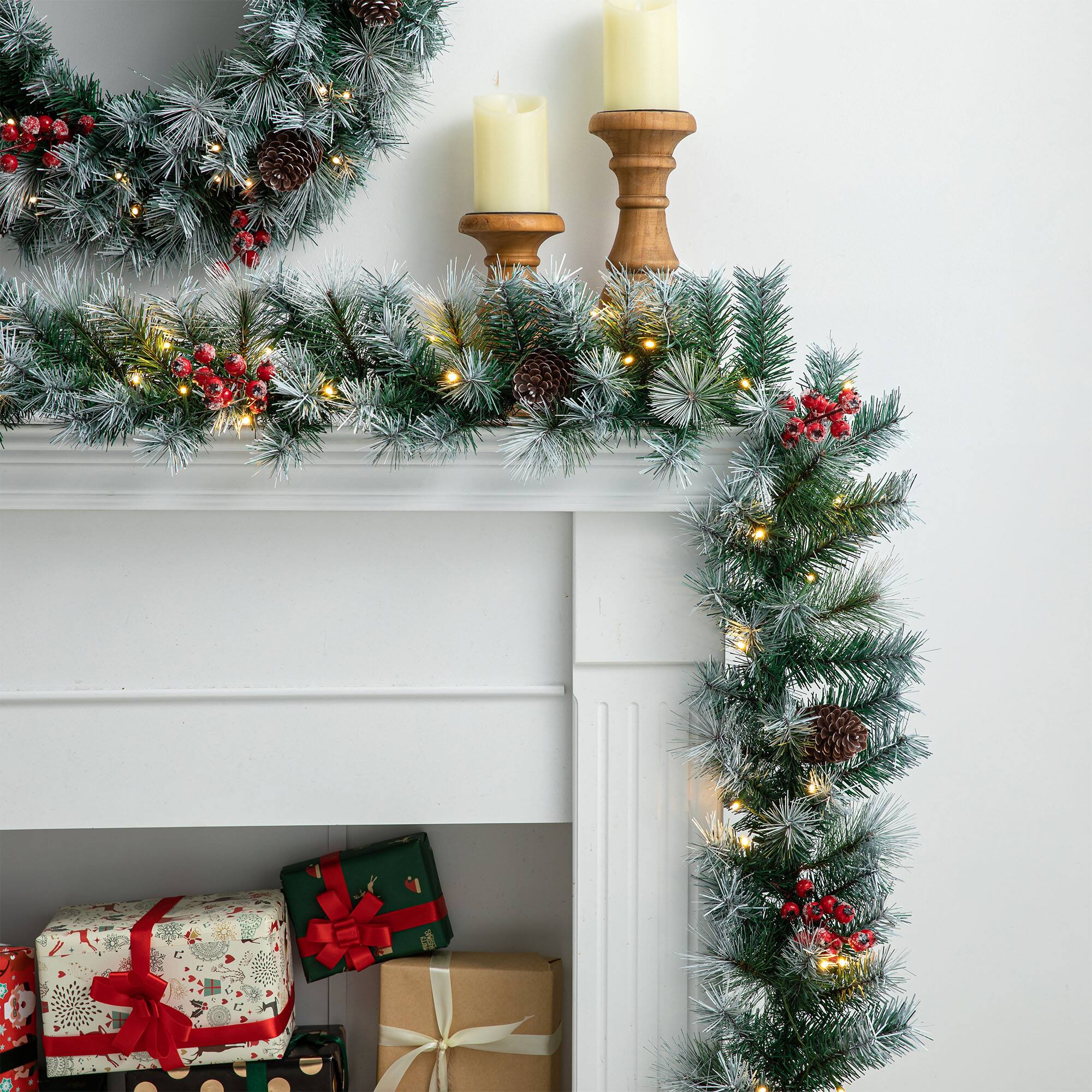 Glitzhome® 2 Pack 9ft. Pre-Lit Greenery Pinecones & Red Berries Christmas Garland